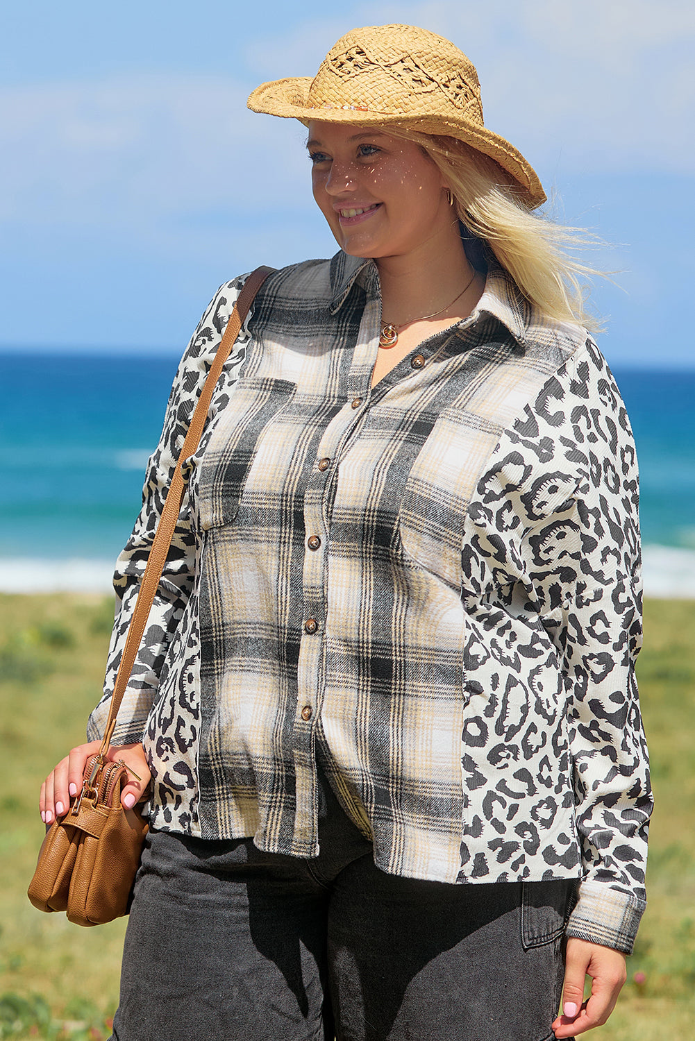 Plus Size Plaid Leopard Printed Patchwork Button Up Shacket