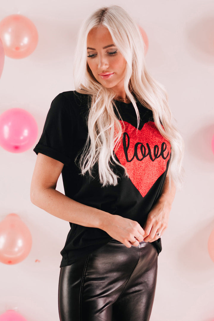 Love Heart Shaped Glitter Print T Shirt