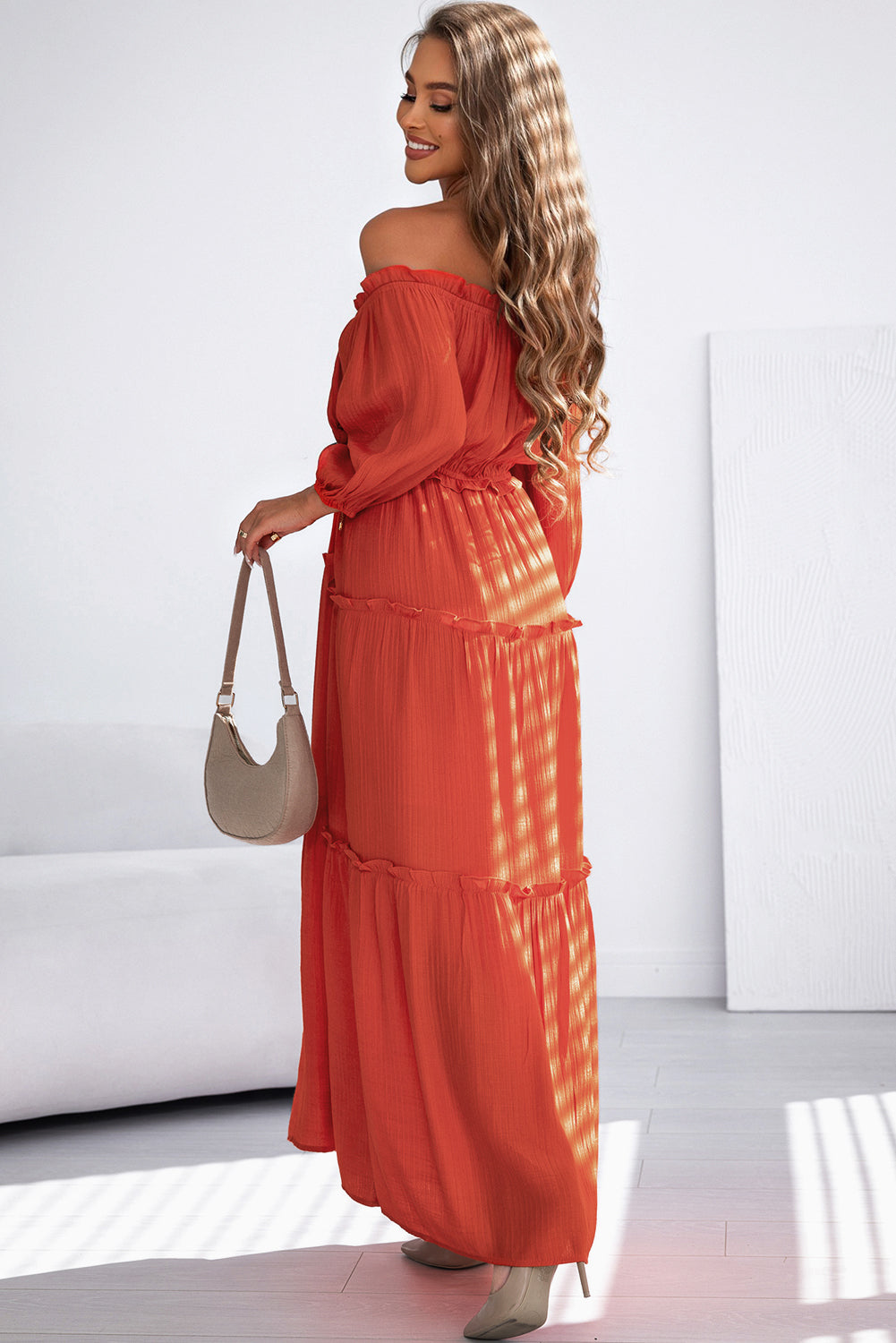 Off Shoulder Balloon Sleeve Cutout Ruffled Maxi Dress