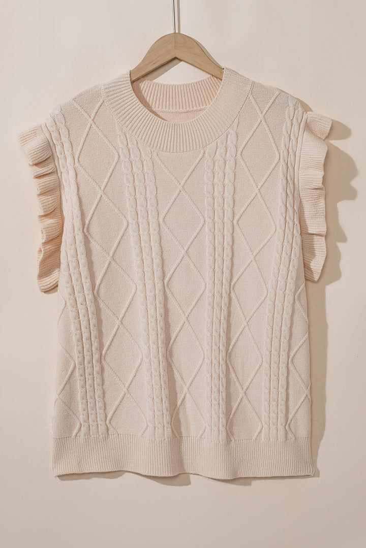 Plus Cable Knit Short Ruffled Sleeve Mock Neck Sweater