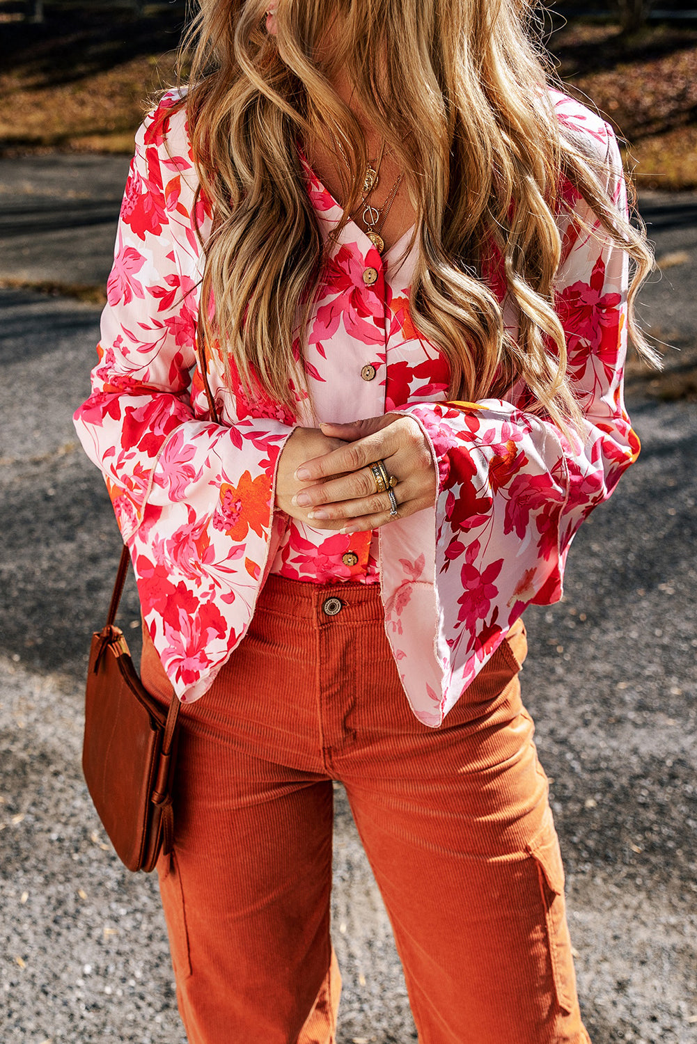 Floral Print Tiered Bell Long Sleeve Buttoned Bodysuit