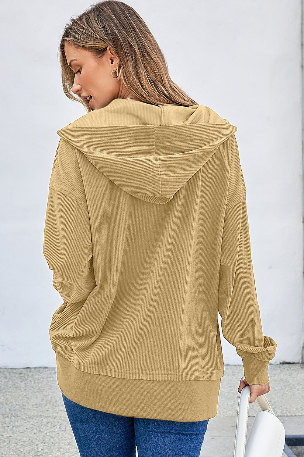 Solid Ribbed Knit Buttoned Drop Shoulder Oversized Hoodie