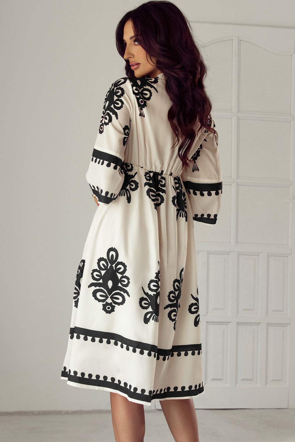 Western Geometric Print 3/4 Sleeve Loose Midi Dress