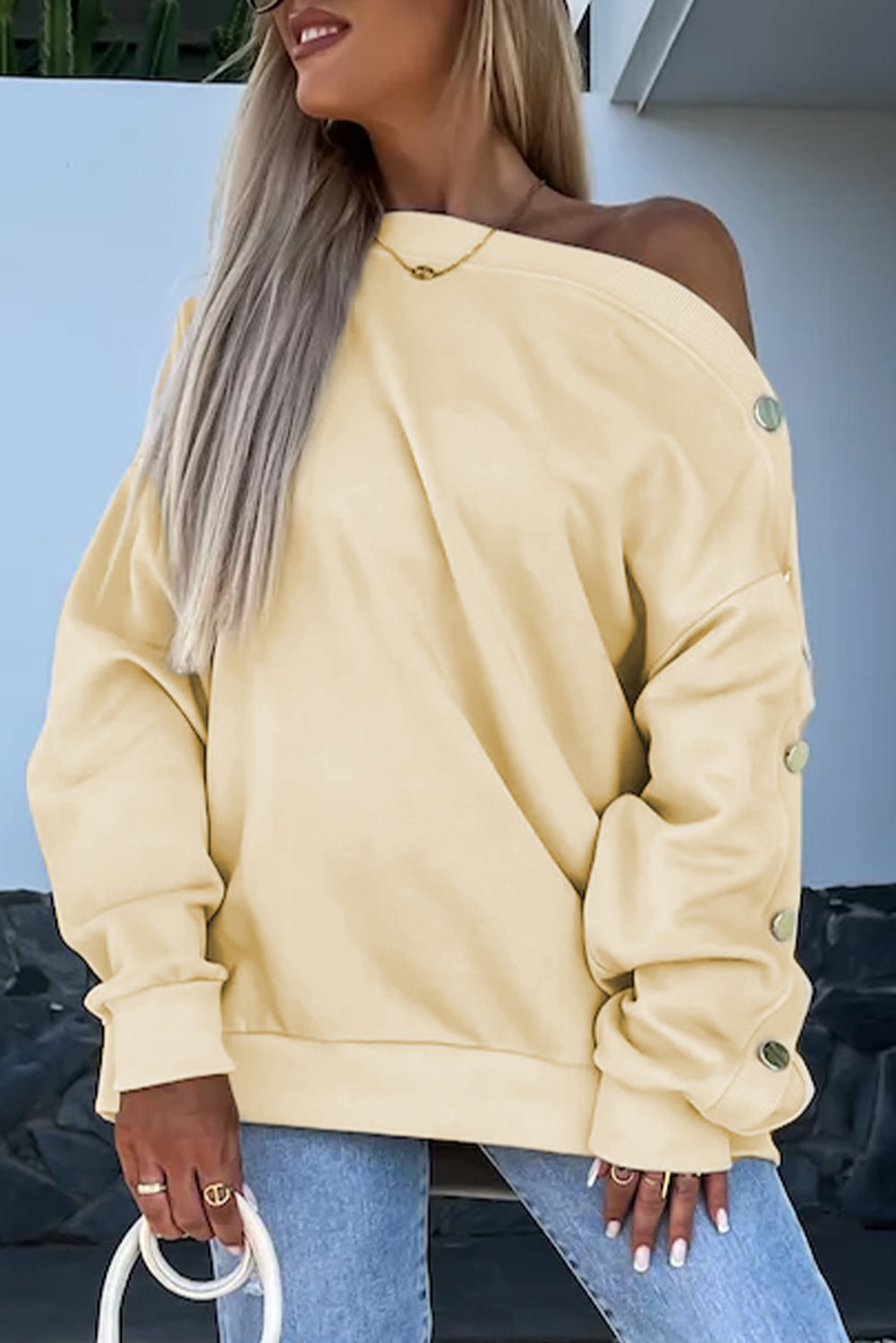 Buttoned Sleeve Dropped Shoulder Sweatshirt