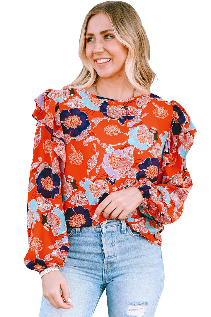 Floral Print Ruffle Puff Sleeve Blouse