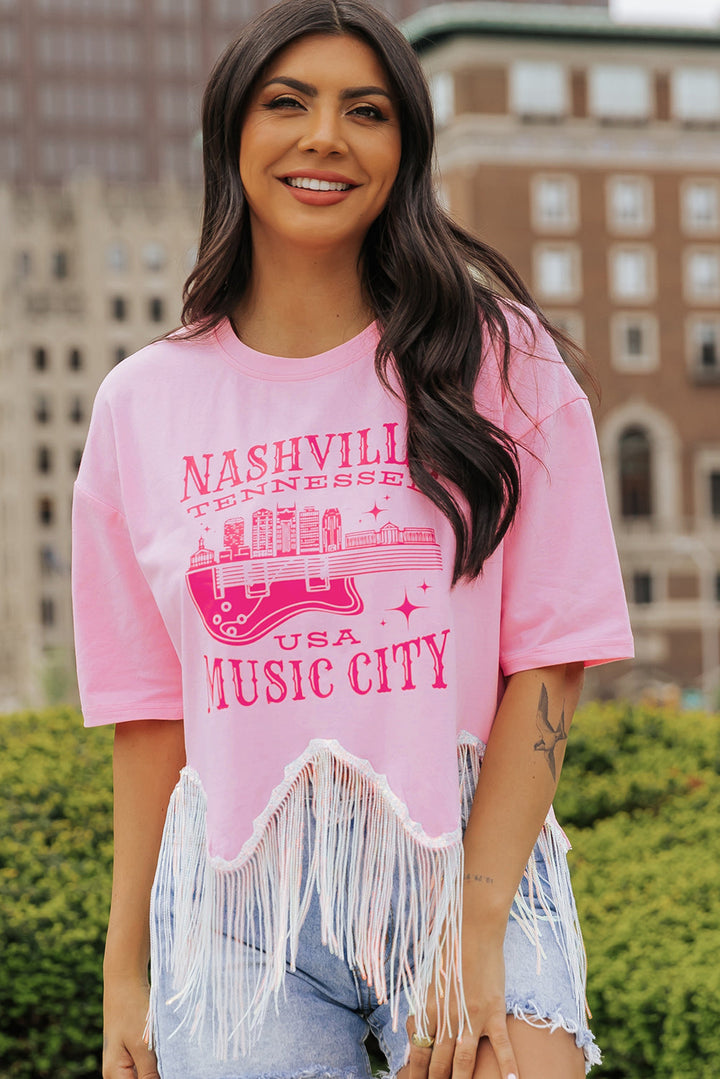 NASHVILE MUSIC CITY Graphic Sequin Fringed Hem Tee