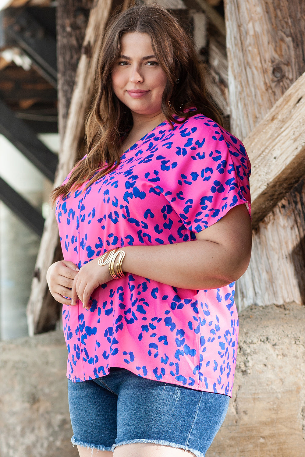 Contrast Leopard Print Plus Size V Neck Blouse