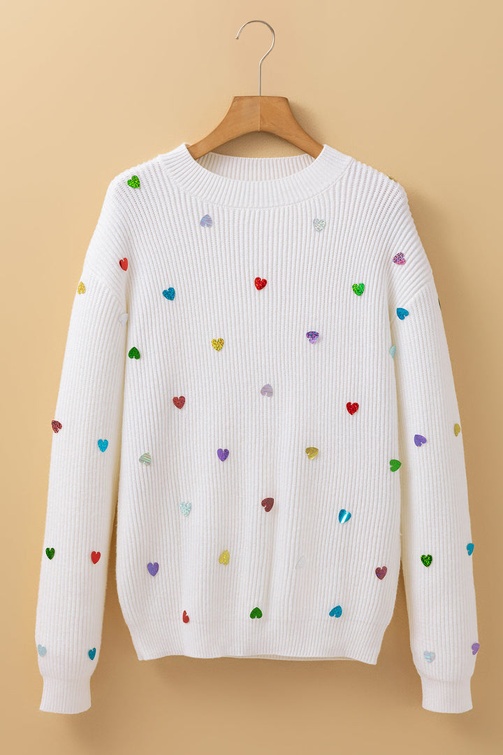 Sequin Heart Shape Waffle Knit Round Neck Sweater