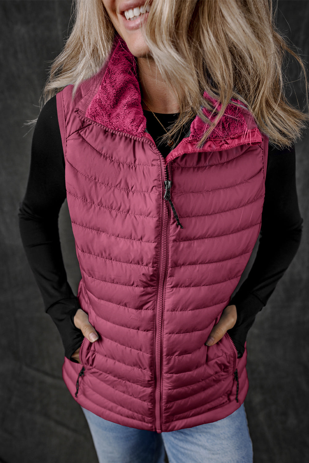 Plush Collared Quilted Zipped Puffer Vest