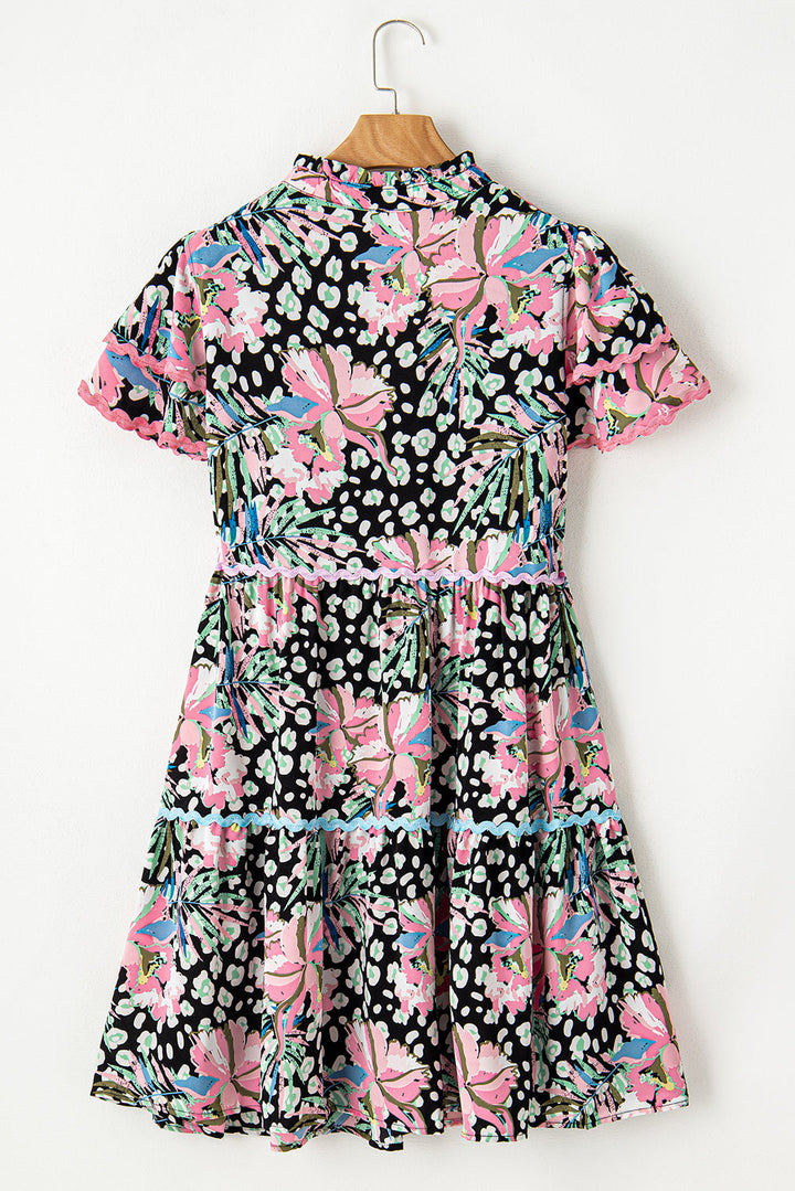 Ric-rac Trim Short Sleeve Flared Plus Size Floral Dress