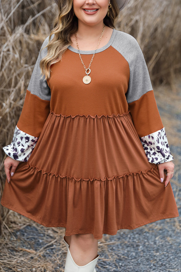 Plus Size Waffle Leopard Long Sleeve Ruffle Mini Dress