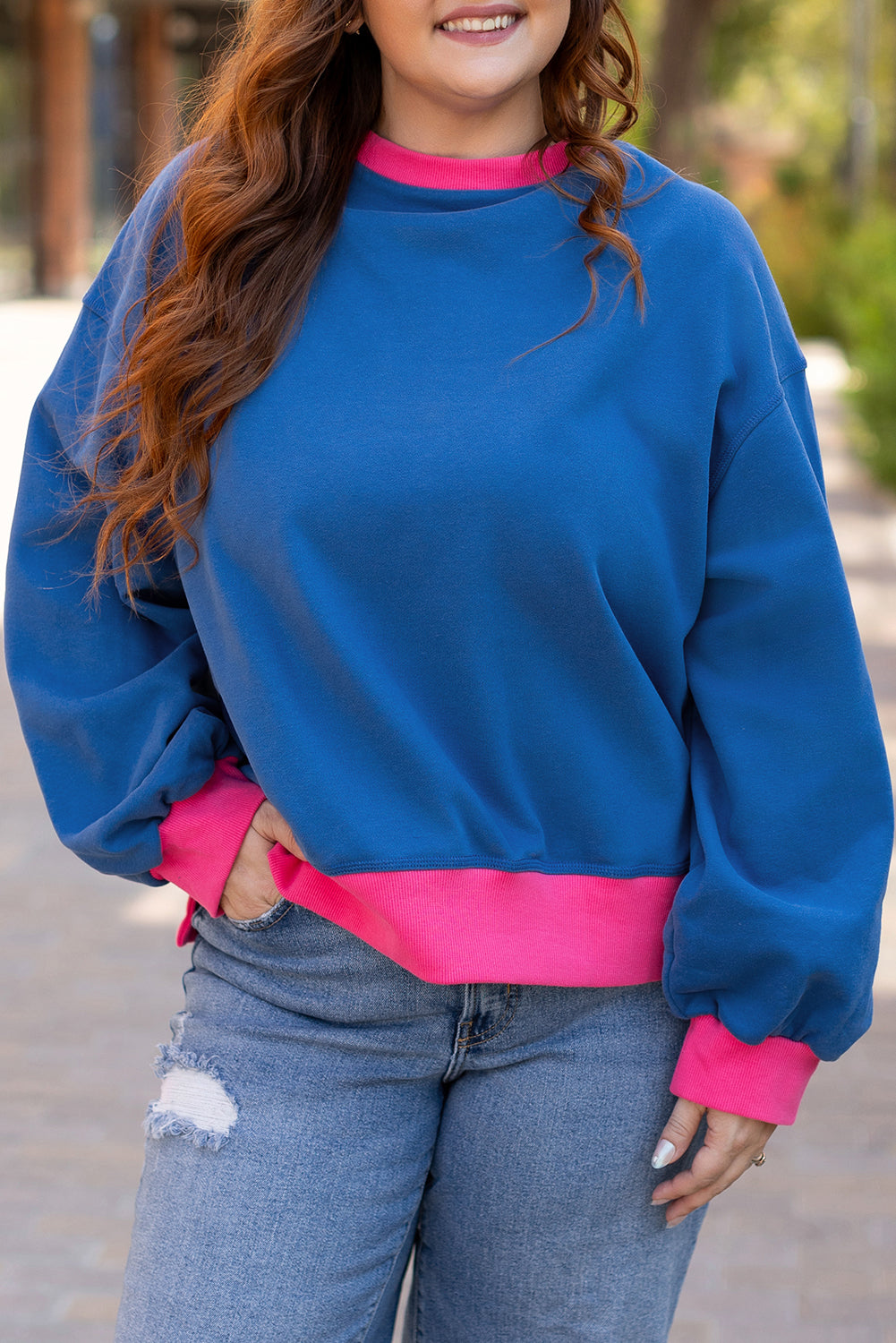 Color Block Edge Balloon Sleeve Plus Size Sweatshirt