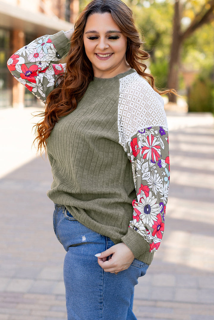 Plus Size Textured Floral Patchwork Raglan Sleeve Blouse