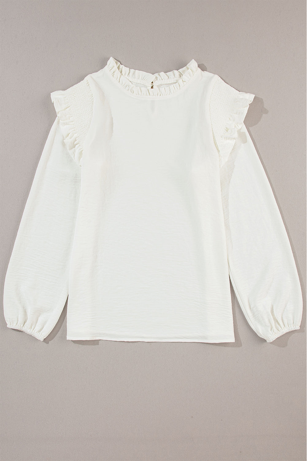 Frilled Neck Ruffled Trim Bubble Sleeve Blouse