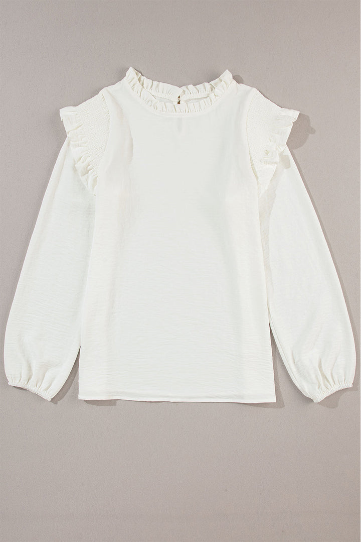 Frilled Neck Ruffled Trim Bubble Sleeve Blouse