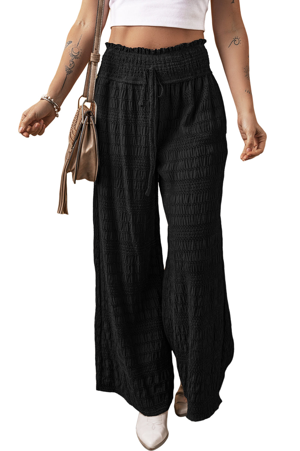 Textured Wide Smocked Waist Loose Pants