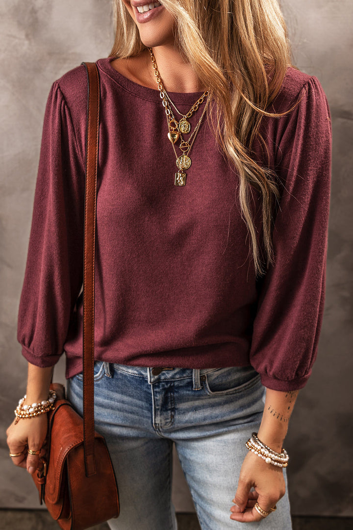 Solid Color 3/4 Sleeve Round Neck Top