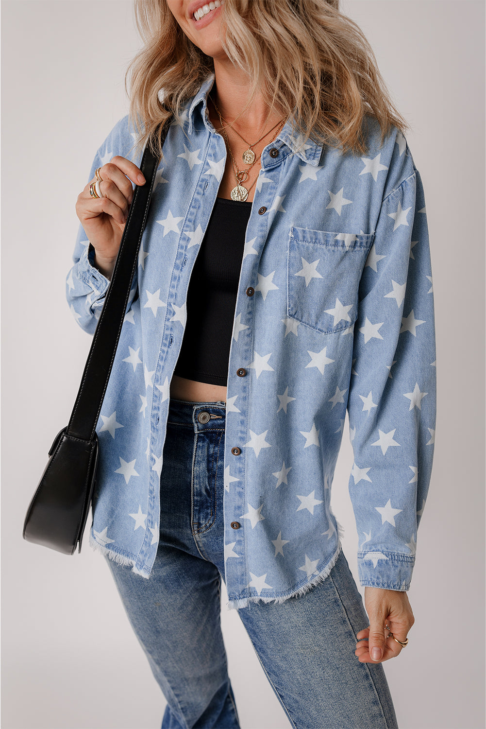 Star Print Light Wash Raw Hem Denim Jacket