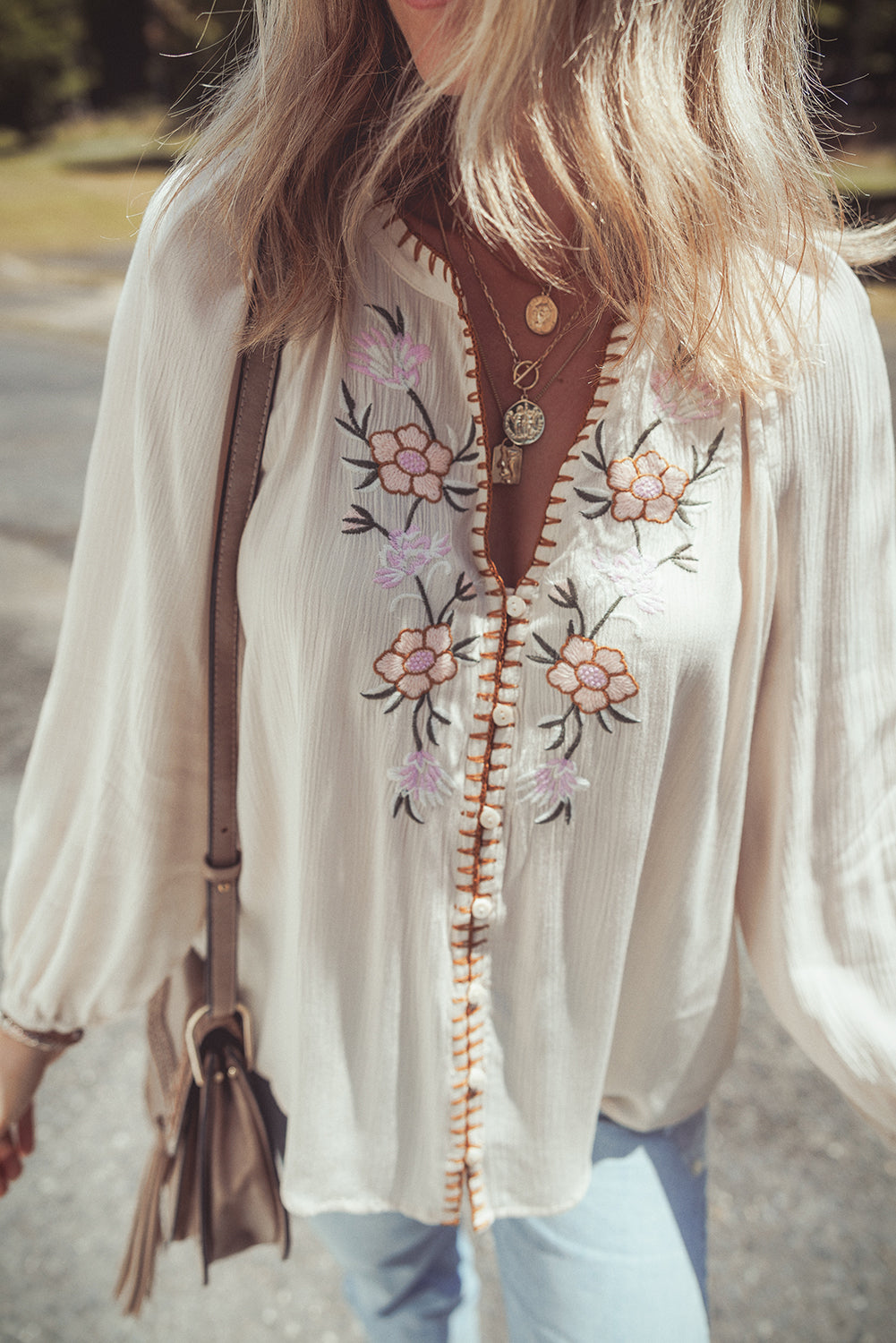 Floral Embroidered Textured Puff Sleeve Loose Shirt