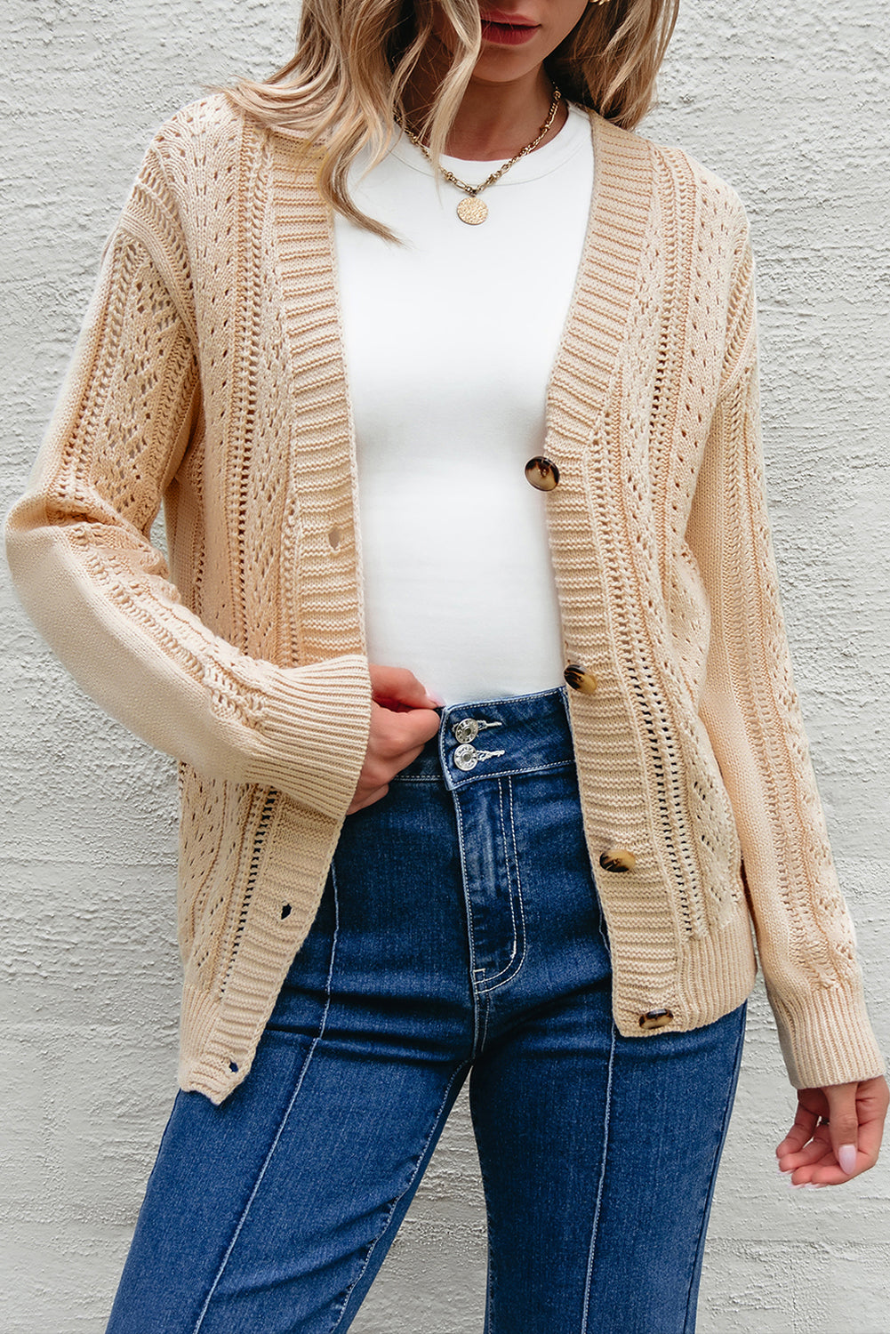 Open Knit Drop Shoulder Sweater Cardigan