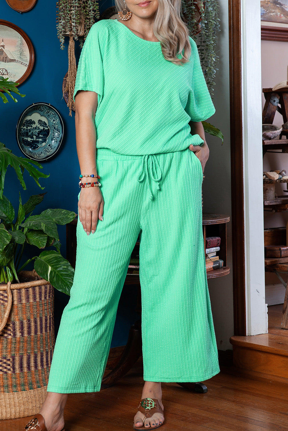 Textured Batwing Sleeve Tee Wide Leg Pants Plus Size Set