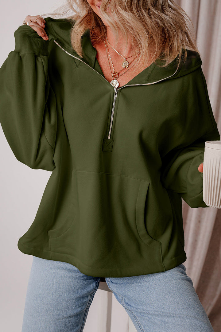 Fleece Lined Half Zipper Kangaroo Pockets Loose Hoodie