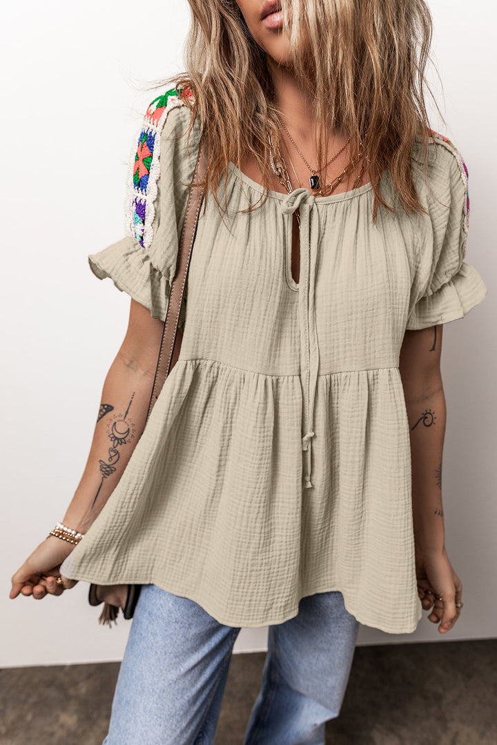 Crinkle Embroidered Patched Bubble Sleeve Tied Neck Blouse