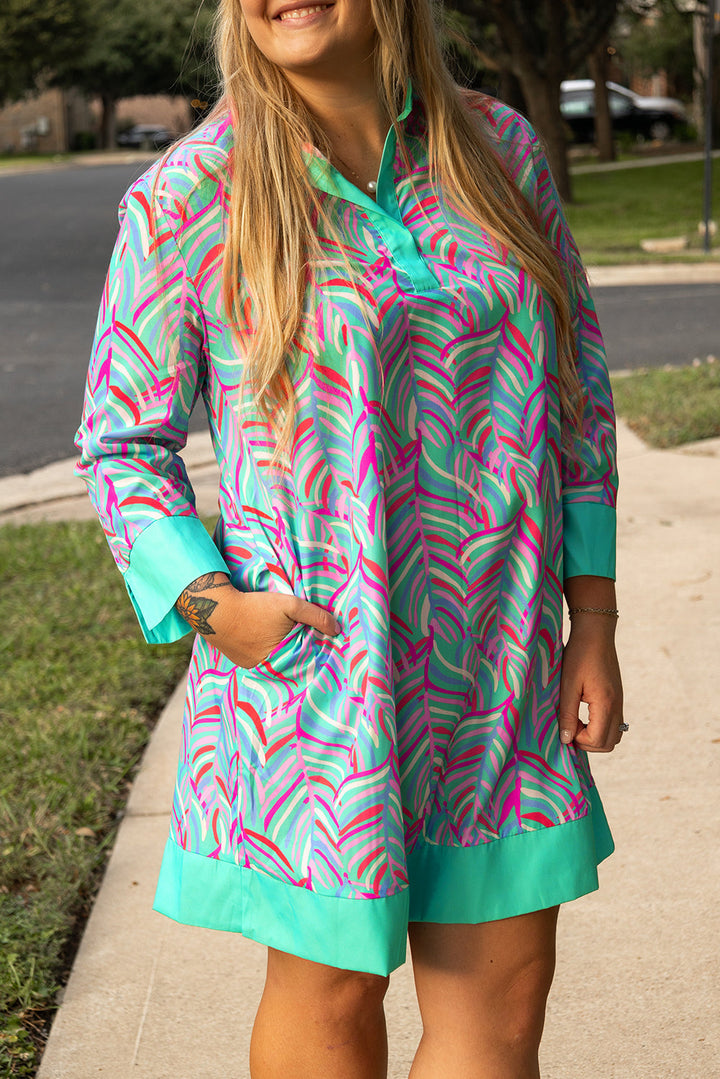 Plus Size Palm Pattern Long Sleeve Shift Dress