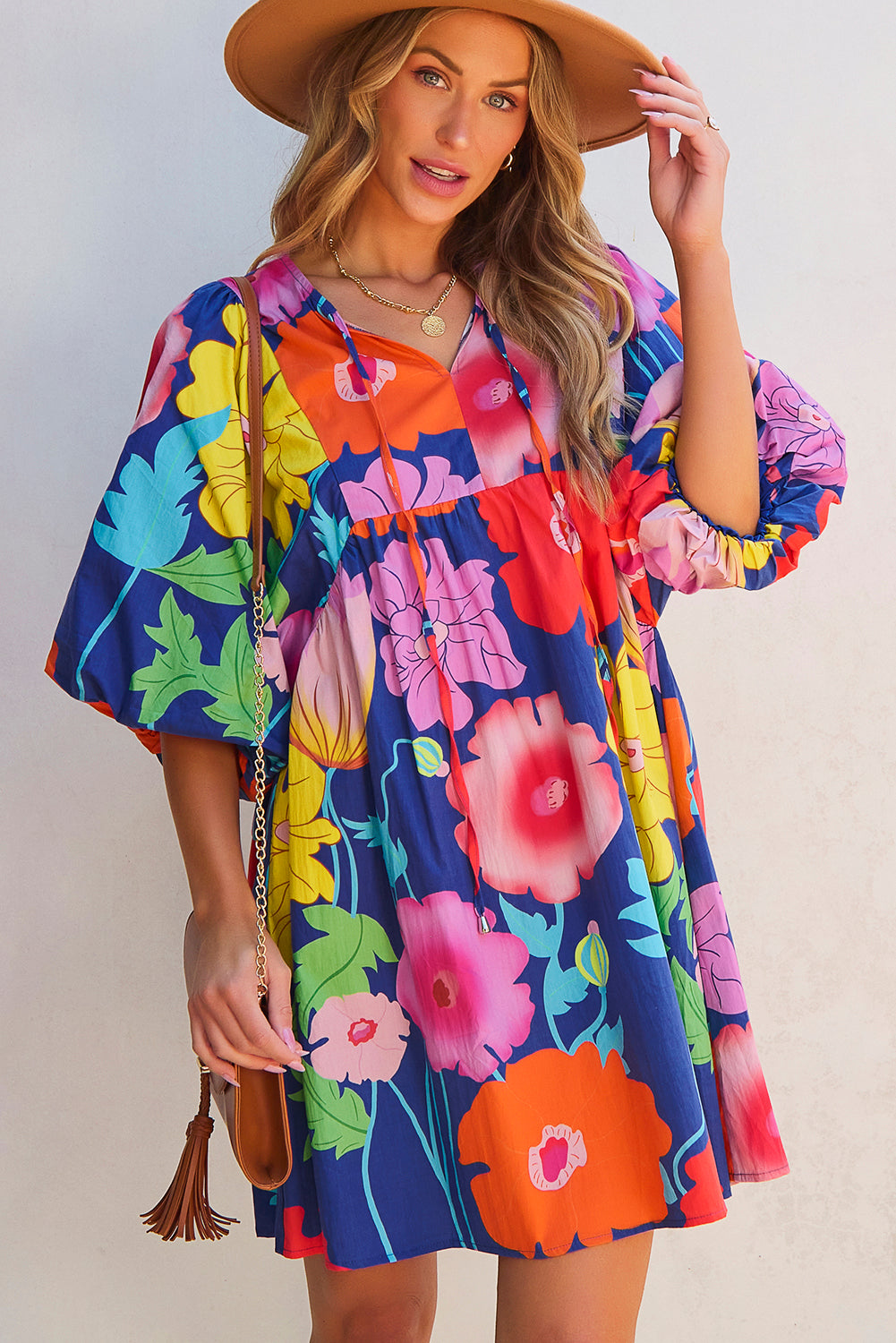 Floral Print Split Neck Babydoll Dress