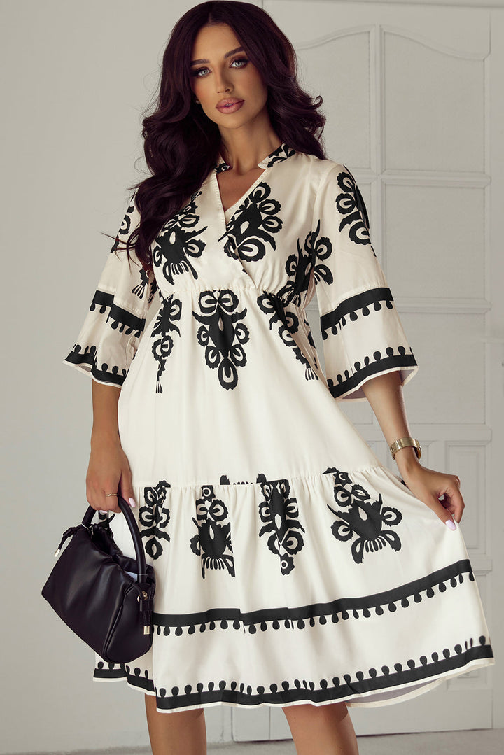 Western Geometric Print 3/4 Sleeve Loose Midi Dress