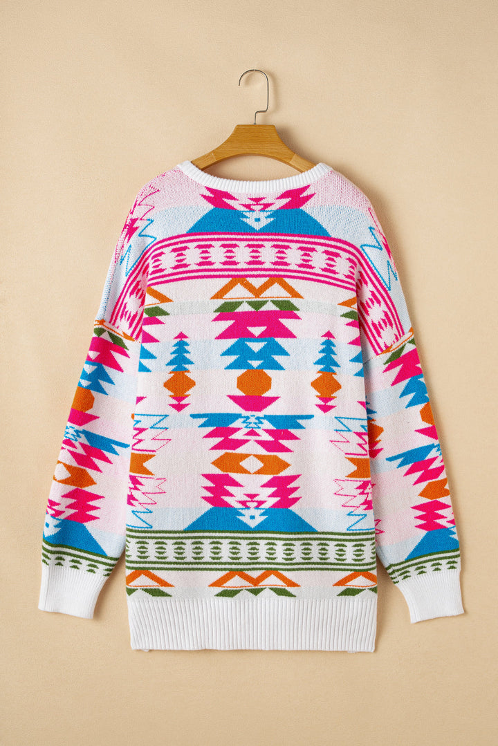 Oversize Aztec Print High Low V Neck Sweater