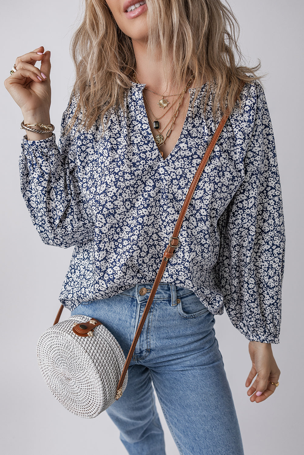 Floral Print Notched V Neck Puff Sleeve Blouse