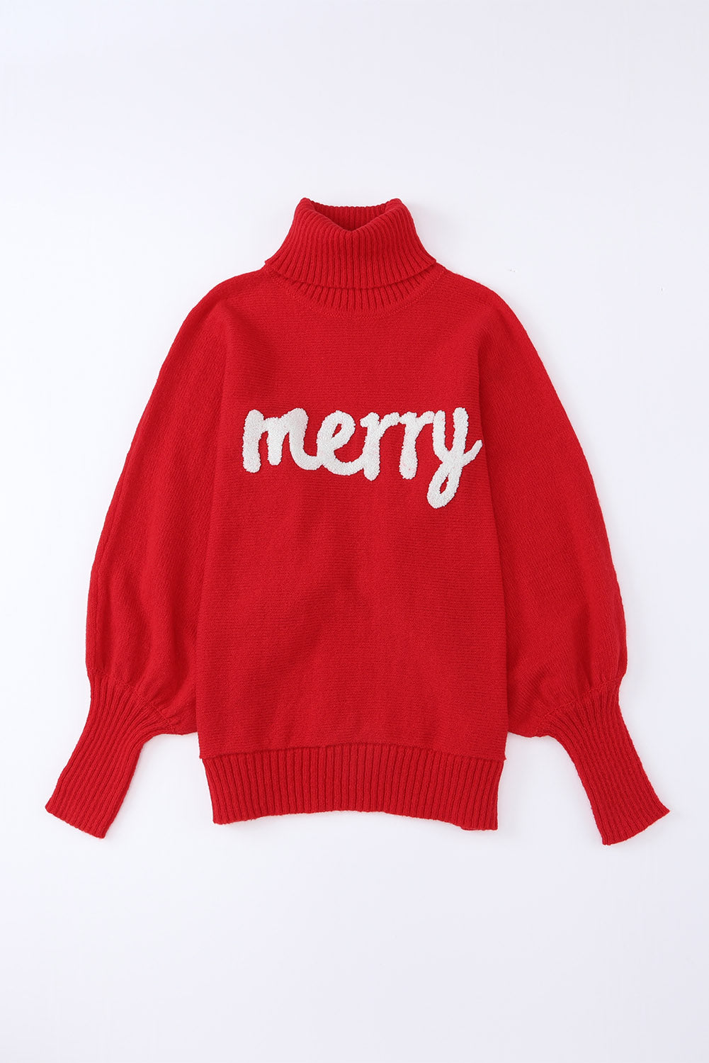 Merry Letter Embroidered High Neck Sweater