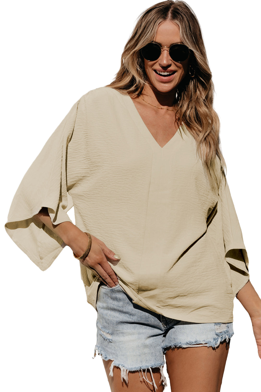 Solid V Neck Wide Sleeve Crinkled Blouse