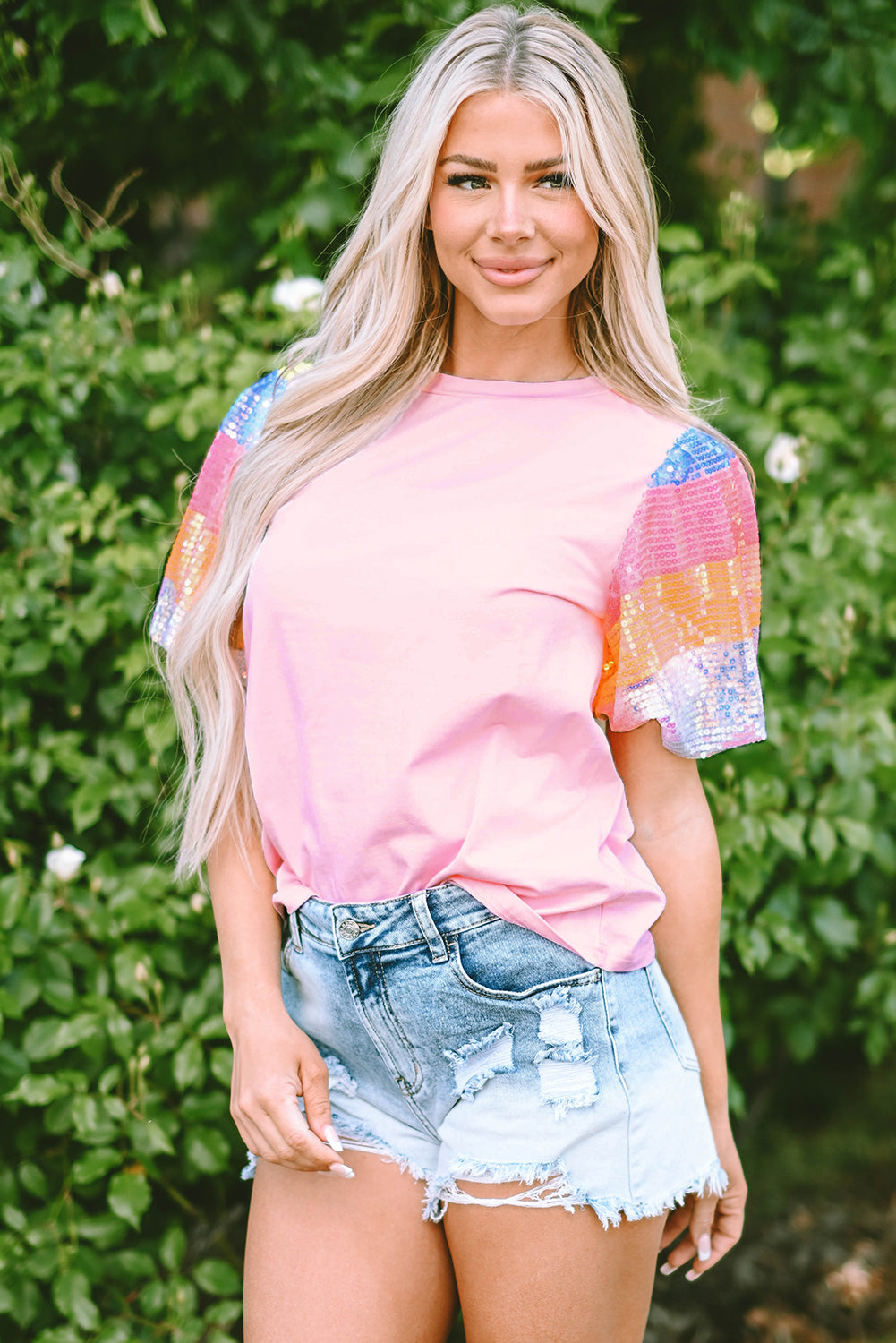 Pink Sequin Colorblock Striped Puff Sleeve Top