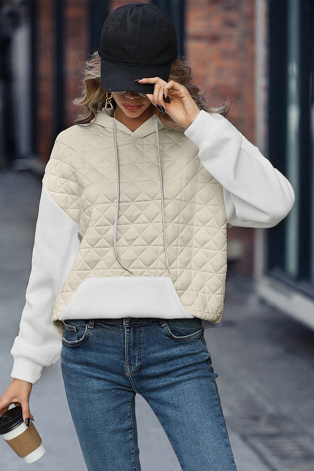 Drop Shoulder Quilted Patchwork Kangaroo Pocket Hoodie