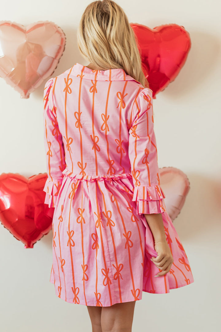 Bowknot Striped Printed Tiered Ruffled Mini Shirt Dress