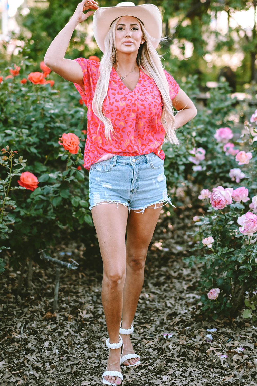 Leopard V Neck Short Sleeve Blouse