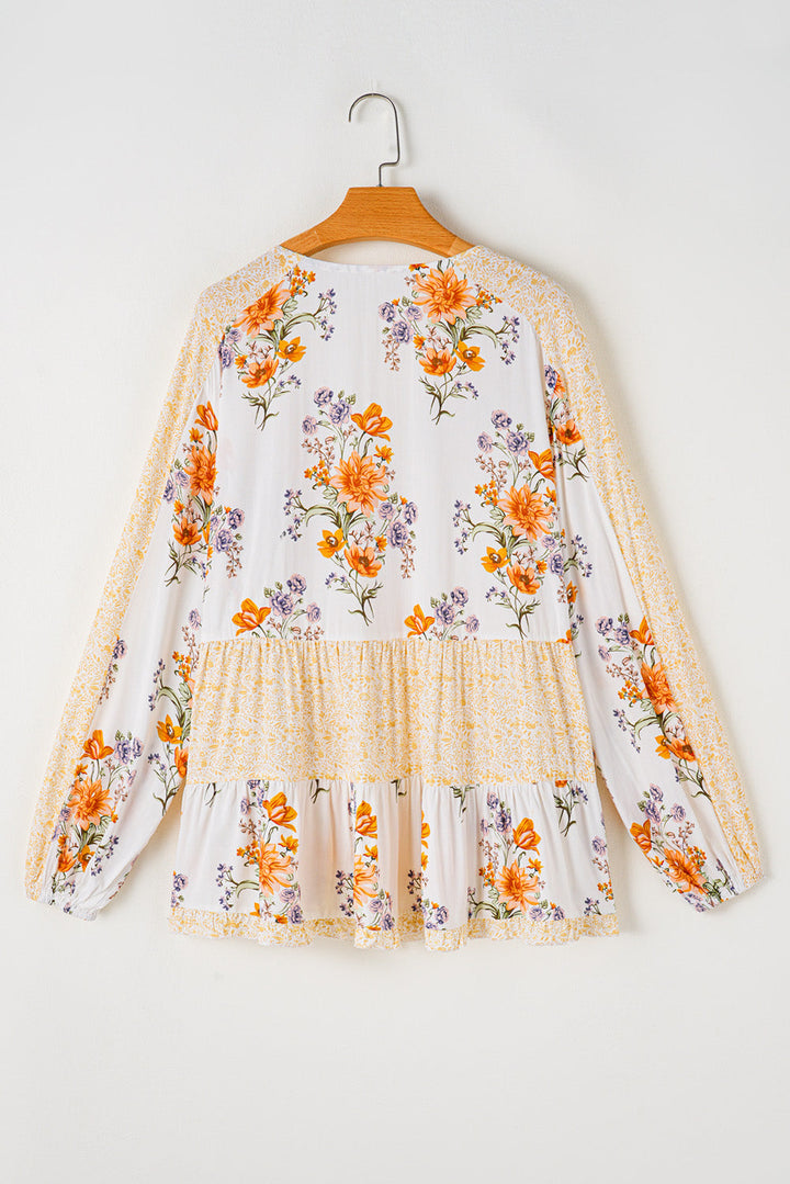 Plus Size Floral Print V Neck Puff Sleeve Blouse