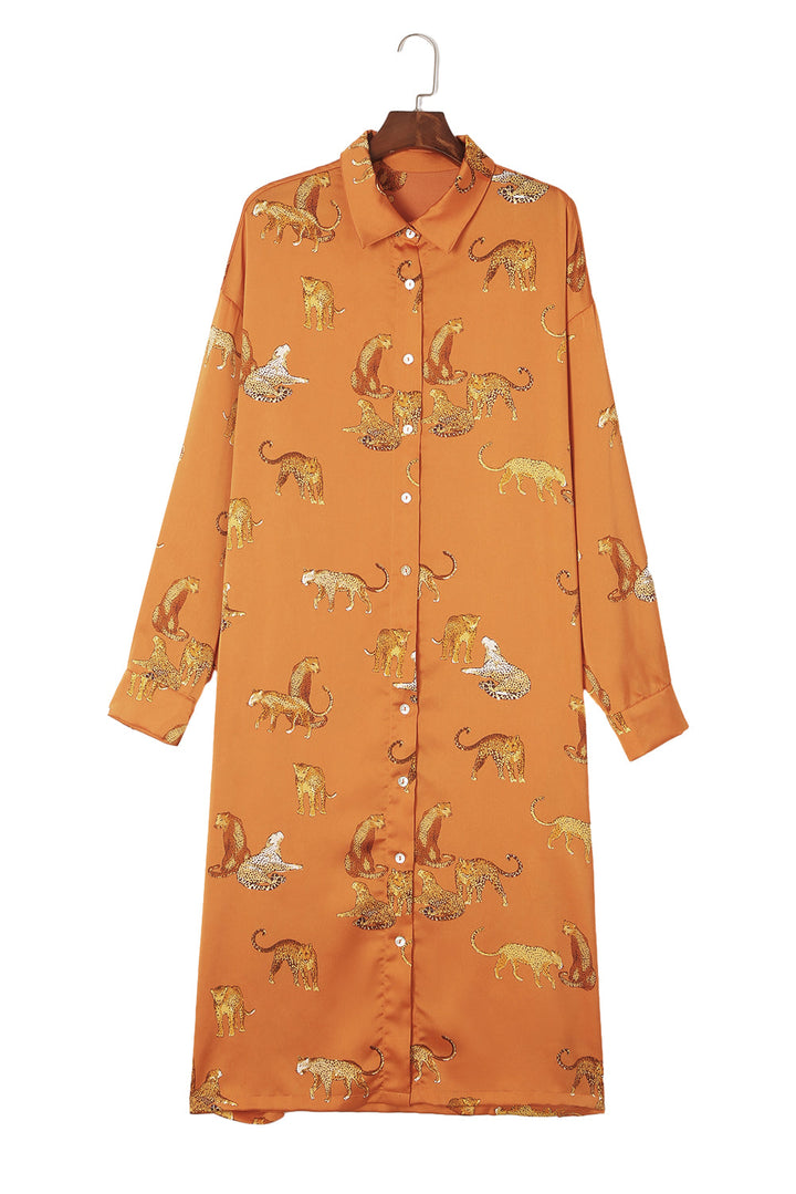 Cheetah Print Button-Up Split Shirt Dress