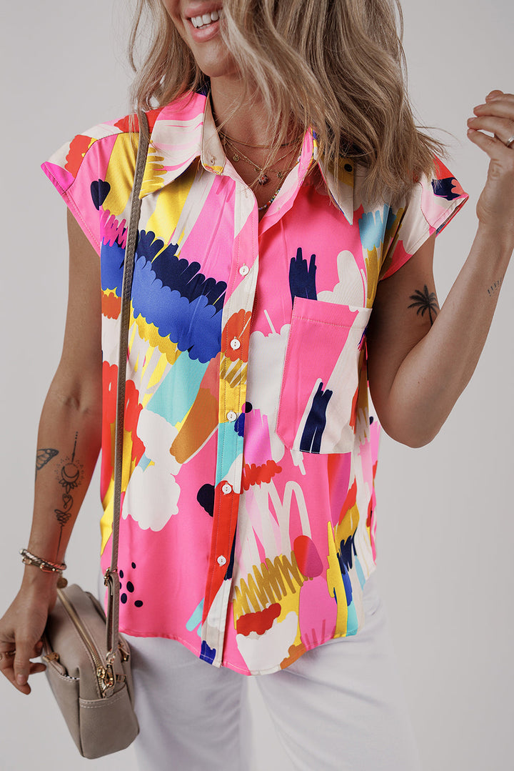 Abstract Print Collared Cap Sleeve Casual Shirt