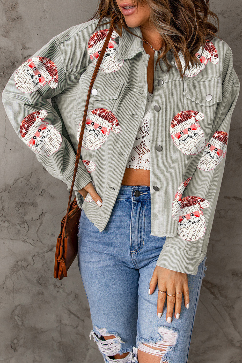 Sequined Santa Claus Flap Pocket Corduroy Jacket