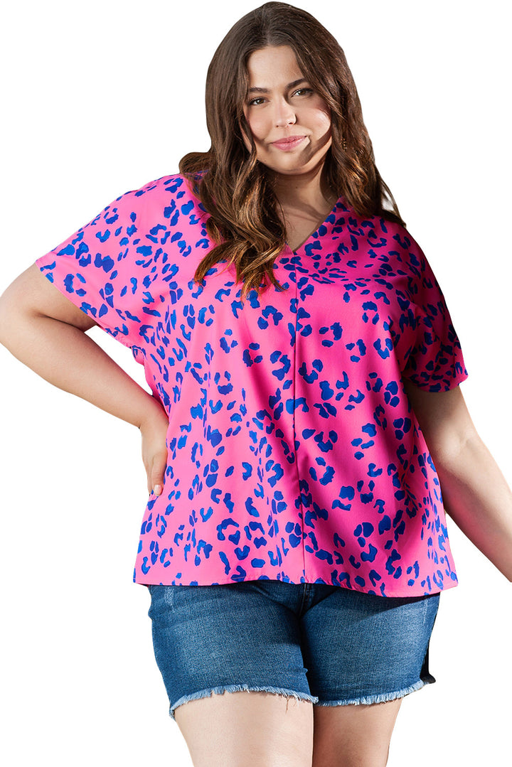 Contrast Leopard Print Plus Size V Neck Blouse