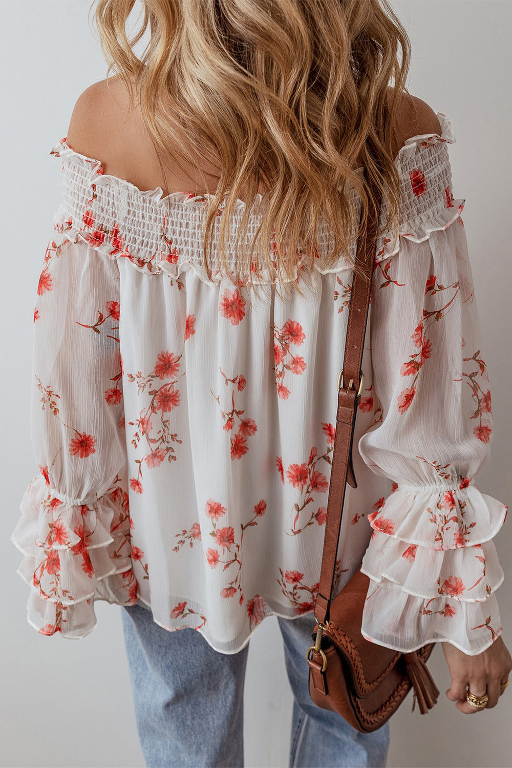 Floral Print Shirred Off Shoulder Ruffled Sleeve Blouse