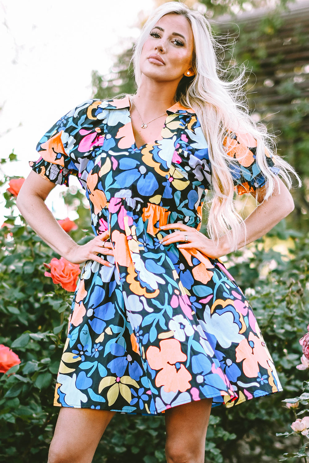 Blue Collared Split Neck Floral Flared Dress