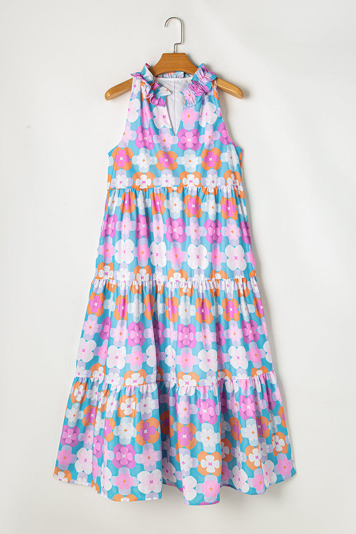 Floral Print Frilly Neck Sleeveless Tiered Maxi Dress