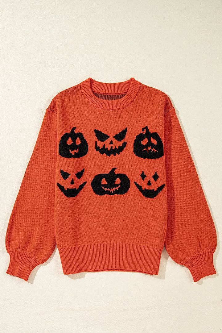 Halloween Pumpkin Face Pattern Drop Shoulder Sweater