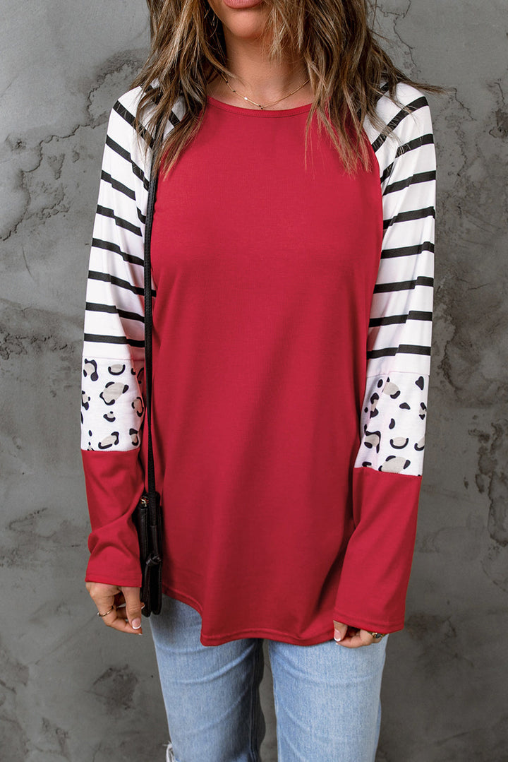 Red Striped Animal Print Colorblock Long Sleeve Top