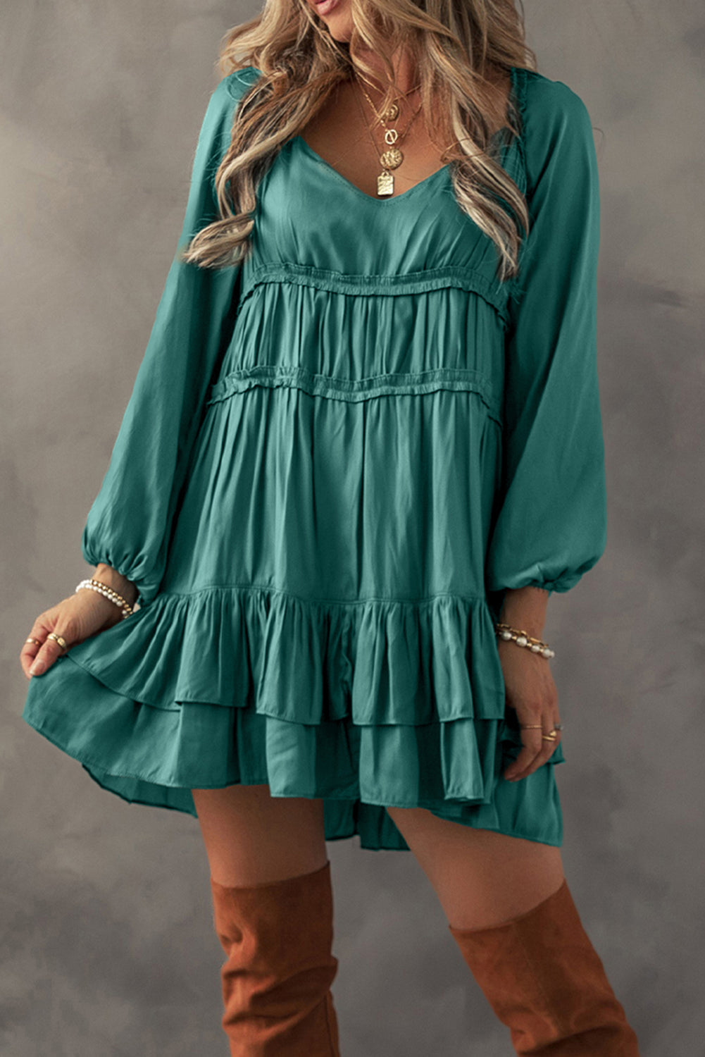 Tiered Ruffled Puff Sleeve Loose Fit Mini Dress