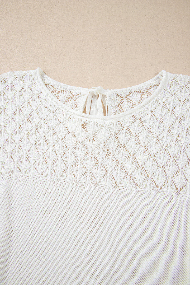 Eyelet Knit Tied Back Short Sleeve Sweater